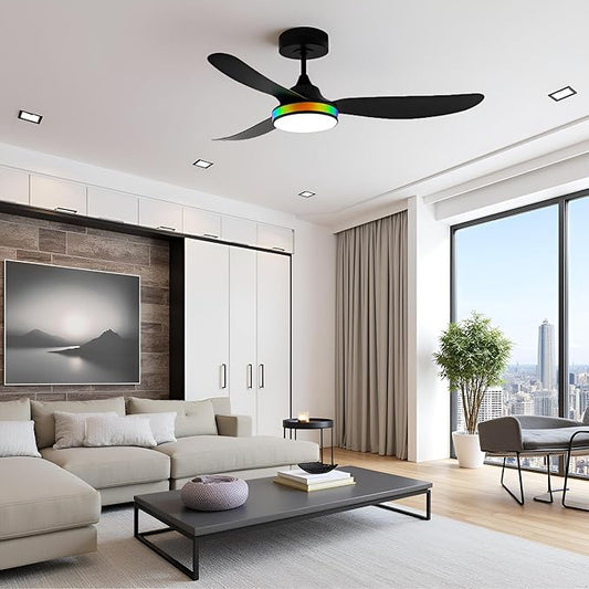 42 Inch Ceiling Fan with Light and Remote, Modern 3 Blade DC Motor Quiet Fan, Dimmable RGB LED, Reversible ABS Blades, for Bedroom Living Room(Black)