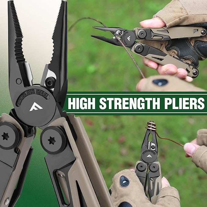 FLISSA Multitool, 15-in-1 Multi Tool Pocket Knife with Sheath, Stainless Steel EDC Multitool Pliers for Men, All-in-One Tools for Camping, Fishing, Survival