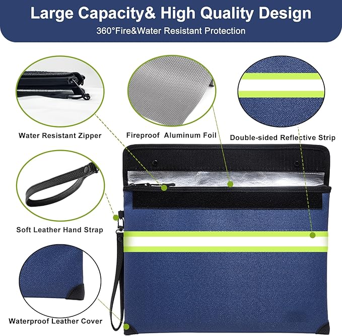 6500°F Fireproof Document Bag,Upgraded Fireproof/Waterproof Money Bag with Zipper/Reflective Strip,Storage Pouch for A4 Letter Size Document,Cash,Cell Phone,Passport