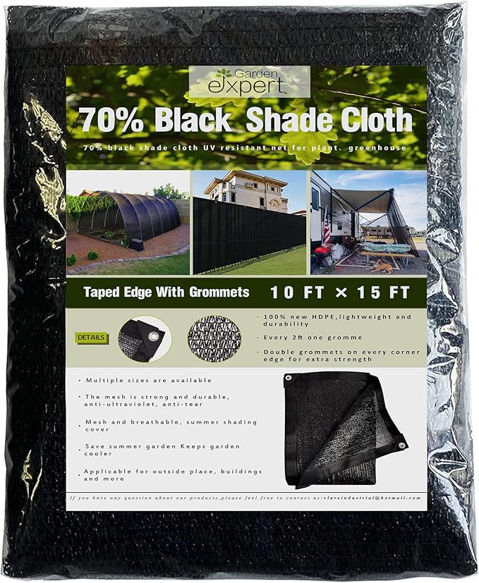 Garden expert 75% Black Shade Cloth 10x15FT Taped Edge with Grommets Sun Net Mesh for Garden Patio Backyard UV-Resistant