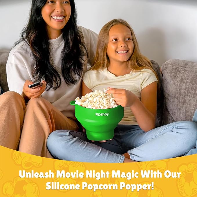 POPCO Silicone Popcorn Popper - Collapsible Microwave Popcorn Maker - Air Popper Pop Corn Bowl with Handles and Lid - Dishwasher Safe - Large 15 Cup Capacity - (Green)