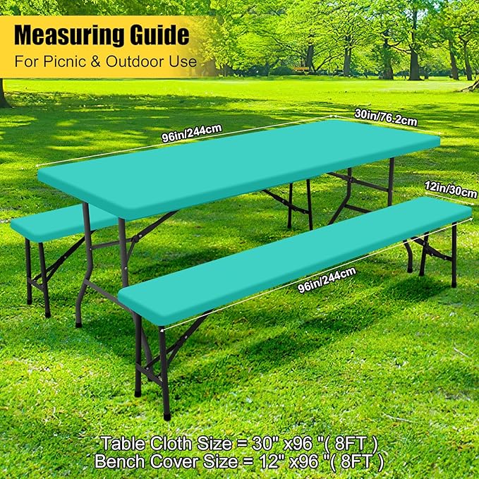 Smiry Picnic Table Cover with Bench Covers, Waterproof Elastic Fitted Polyester Tablecloths for 8 Ft Rectangle Tables, Washable Windproof Tablecloth for Camping, RV & Outdoor (Teal, 30x96 Inches)