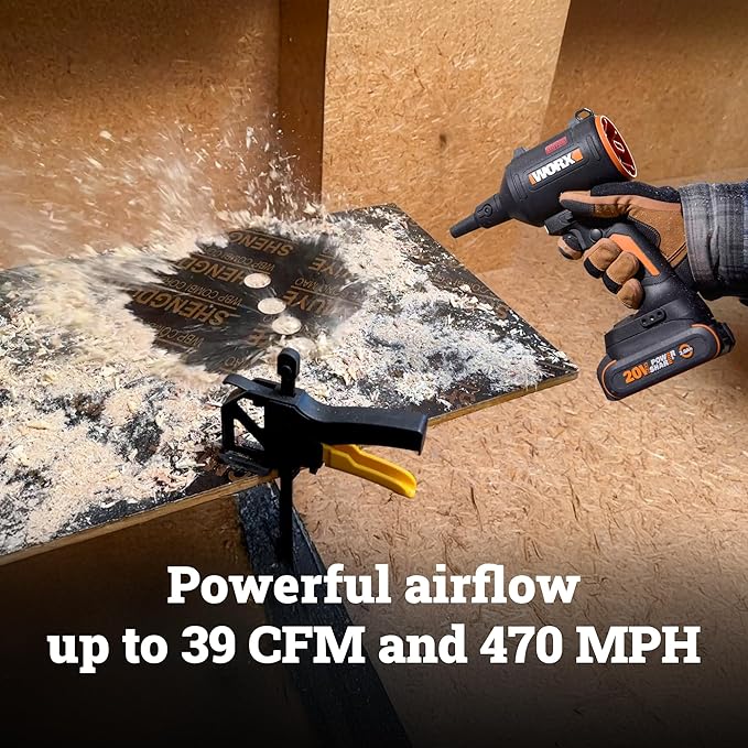 WORX Cordless Blower/Inflator, 20V 39 CFM 470 MPH Brushless High Speed Portable Dust Cleaner for Workshop, Lawn, Yard, Home, Lightweight Handheld Blower, Tool Only, PowerShare