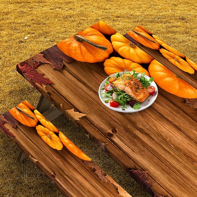 Picnic Table Cover with Bench Covers Elastic Edges, Pumpkin Fall Fitted Table Cover, Outdoor Patio Camping Essentials 72 Inch 3PCS, Waterproof Camping Fitted Tablecloth with Drawstring Bag