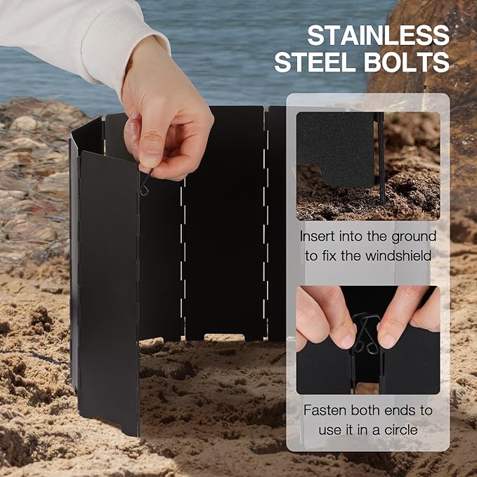 REDCAMP 9.5" High Folding Outdoor Stove Windscreen, 16 Plates Aluminum Camping Stove Windshield with Carrying bag, Lightweight Butane Burner Windshield, Black