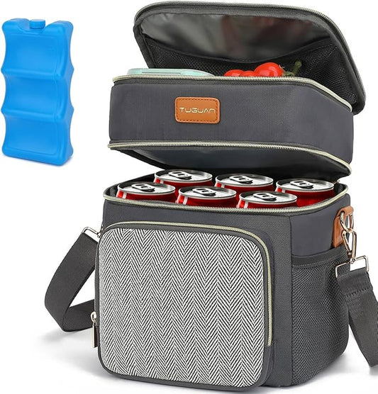 Tuguan Small 12 Can Cooler Bag Double-Layer Premium Portable Insulated Leakproof Lunch Bag Box with Ice Pack Mini Ice Chest Travel Soft Side Cooler for Picnic Hiking Beach Camping