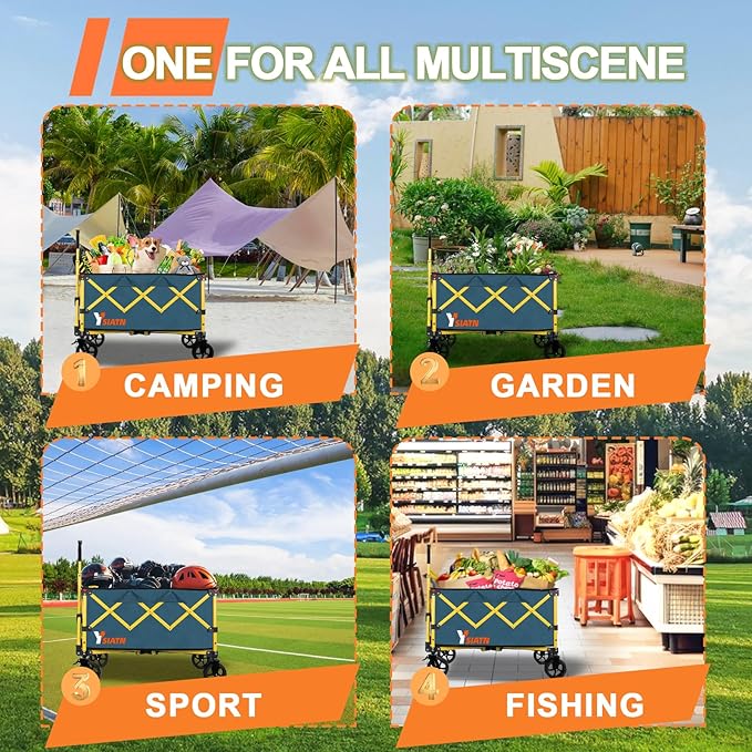 Collapsible Wagon Cart with Brake, Foldable Wagon Cart with All Terrain Wheels, Large Grocery Carts On Wheels, Heavy Duty Utility Wagons for Shopping Beach Sports Fishing Camping, 110L, Green