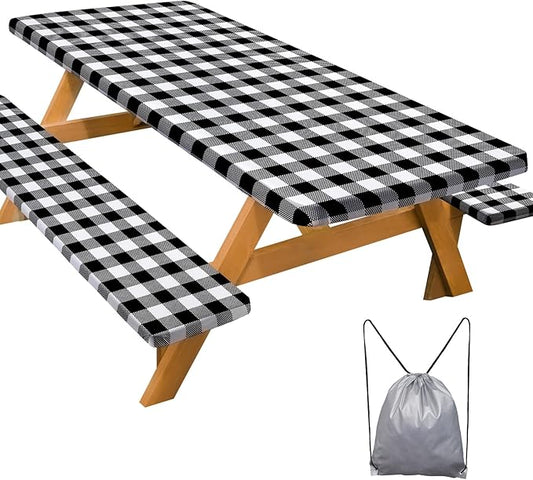 Picnic Table Cover with Bench Covers Camping Essentials Waterproof Windproof Camping Tablecloth with Drawstring Bag, Fitted Rectangle Tables and Seats, 72in, White Black Checkered
