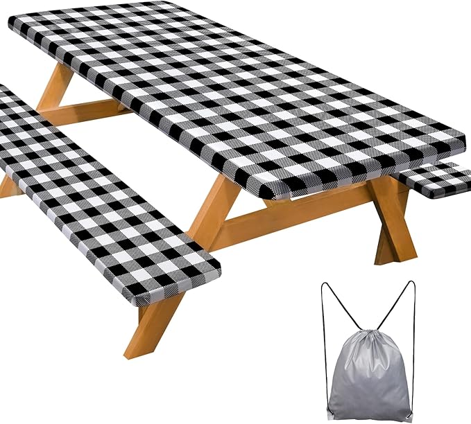 Picnic Table Cover with Bench Covers Camping Essentials Waterproof Windproof Camping Tablecloth with Drawstring Bag, Fitted Rectangle Tables and Seats, 96in, White Black Checkered