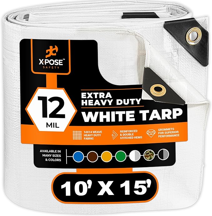 Heavy Duty White Poly Tarp 10' X 15' - Multipurpose Protective Cover - Durable, Waterproof, Weather Proof, Rip and Tear Resistant - Extra Thick 12 Mil Polyethylene - by Xpose Safety