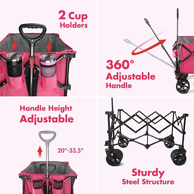VILLEY Collapsible Folding Wagon with Big Wheels, Enlarged 225lbs Capacity, All Terrain Wagons Carts Heavy Duty Foldable, Portable Utility Garden Cart with 2 Cup Holders and Brake, Pink