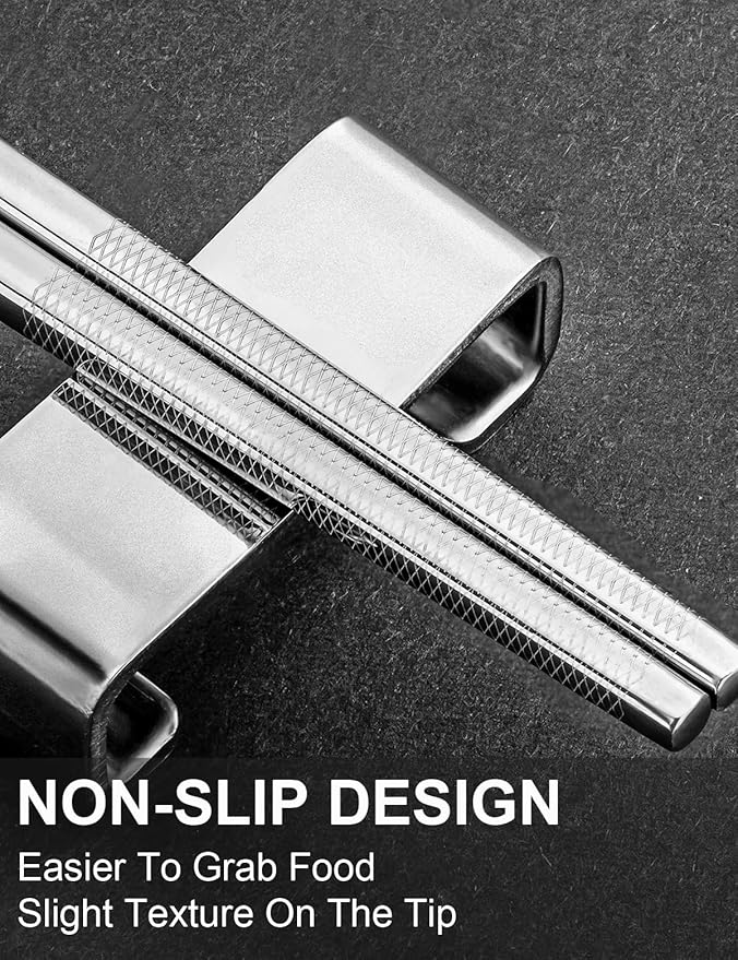 Metal Reusable Chopsticks 2 Pairs Titanium Plated Stainless Steel Chopsticks with Holder, Dishwasher Safe Non-Slip Japanese Style Chop Sticks Present Set (Black Silver)