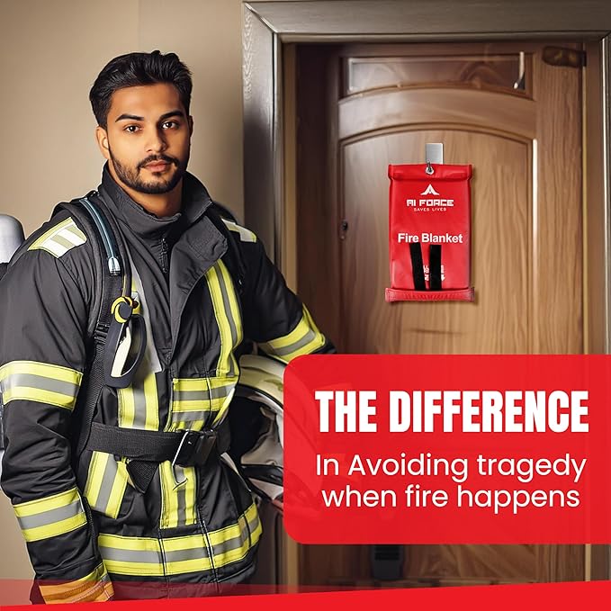 AI FORCE Fire Blanket with Gloves & Hooks – Fireproof Emergency Safety Blanket for Home, Kitchen, Fireplace, Camping, BBQ, Grease & Outdoor Fires – Survival Gear