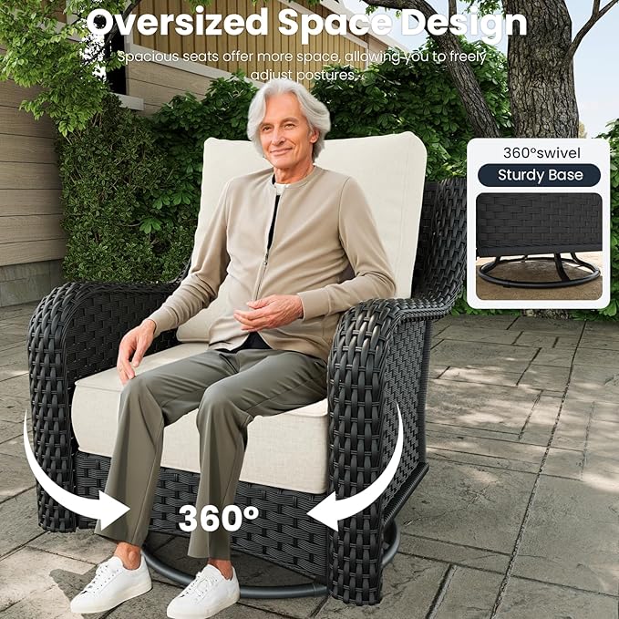 5 Pieces Outdoor Patio Furniture Sets with Rocking Swivel Chairs with 6-inch Thick Cushion and Side Table for Deck Lawn