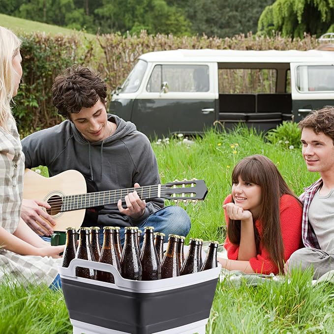 10L Collapsible Wash Basin with Drain Plug (2.6 Gal) – Foldable Portable Sink for Camping, RV, Vegetable Washing – Multi-Use Dish Pan, Ice Beverage Tub, Gray – Pair of Silicone Gloves for Free