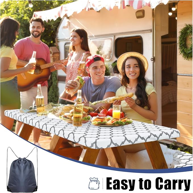 Smiry Picnic Table Cover with Bench Covers, Waterproof Elastic Fitted Tablecloth for 8 Foot Tables, Washable Polyester Tablecloths for Camping, Indoor & Outdoor (White Morocco, 30x96 Inch 3-pc Set)