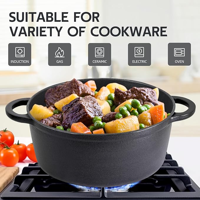 4.5 Quart Dutch Oven Enameled Cast Iron with Lid - Big Dual Handles - Oven Safe up to 500°F - Classic Round Pot for Versatile Cooking Matte Black(No Enameled