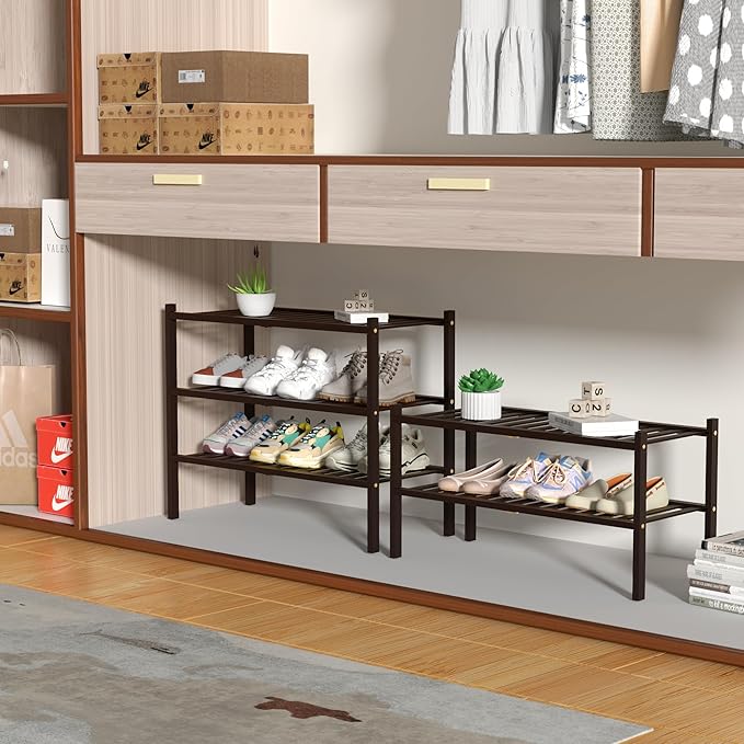 3 Tier Bamboo Shoe Rack for Closet Free Standing Wood Shoe Shelf for Entryway Small Space Stackable 27"x11"x20" (Brown)