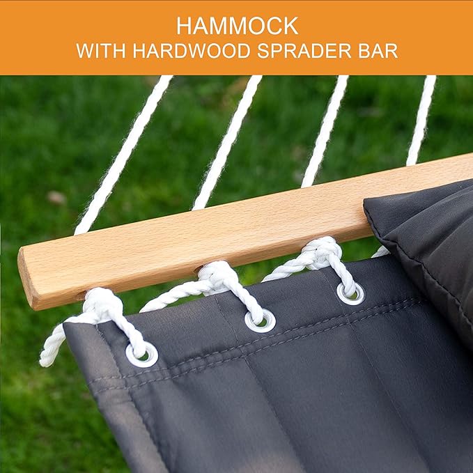 Lazy Daze Hammocks 12 FT Double Quilted Fabric Hammock and 13 FT Natural Wooden Arc Stand, with Spreader Bar, Removable Pillow, 2 Person Hammock for Outdoor Patio Outdoor, 450 lb Capacity, Dark Gray