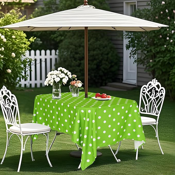 SquarePie Outdoor Tablecloth Rectangle with Umbrella Hole and Zipper Waterproof Stain Resistant Table Linen Cloth for Patio Picnic Garden Party, 52x70 Green Polka Dot