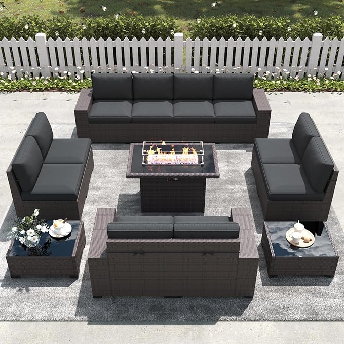 LayinSun 13 Pieces Outdoor Patio Furniture Set with 44" Fire Pit Table Brown Rattan Sectional Sofa Conversation Sets