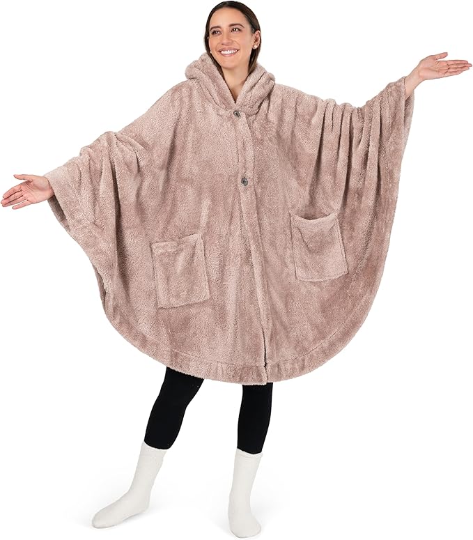 PAVILIA Angel Wrap Hooded Blanket Poncho, Wearable Blanket Throw Wrap Poncho for Women Adult, Cozy Fluffy Sherpa Fleece Shawl Cape with Hood pockets, Warm Gift for Mom Wife, Beige Taupe