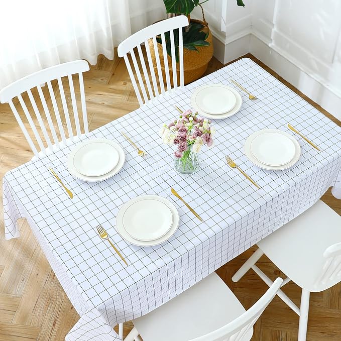 Romanstile Rectangle Plastic Tablecloth, 100% Waterproof Oil-Proof Checkered PVC Table Cloths, Heavy Duty Vinyl Table Covers for Dining, Camping, Picnic, Outdoor - 54 x 120 Inch, White