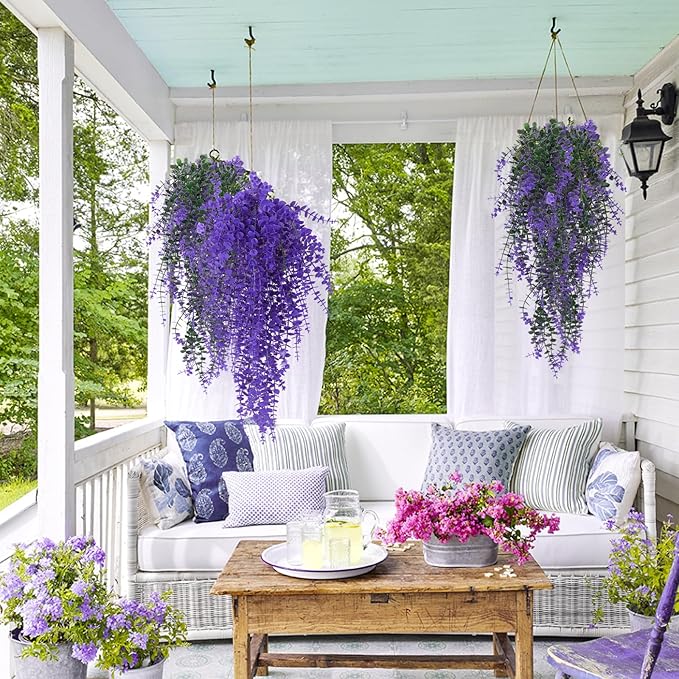RECUTMS Artificial Plants Fake Eucalyptus Plants Faux Hanging Leaves Green Plant Artificial Hanging Plant for Indoor Home Room Kitchen Table Outdoor Patio Garden Yard Decor(Purple)