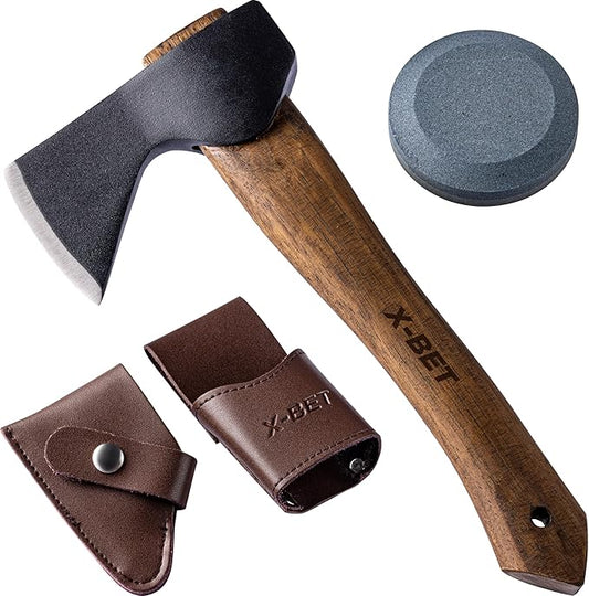 X-bet MAGNET 12" Hand-Forged Hatchet with Sheath and Sharpener - Camping Axe, Bushcraft and Survival Hatchet Spring Steel Blade - Small Axe Perfect for Wood Carving, Cutting, Splitting and Gardening