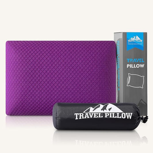 Travel Pillow Memory Foam Pillows, Camping Pillow-Compressible Medium Firm, Breathable Cover, Ideal Backpacking Hiking, Bed Pillows, Airplane and Car (Purple, S)