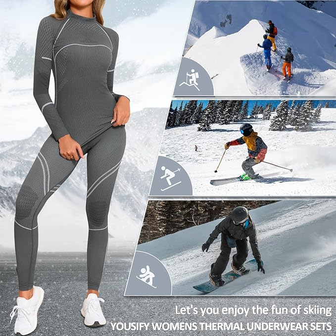 Yousify Womens Thermal Underwear Ski Breathable Warm Base Layer Winter Long Johns Top Bottom Sets for Cold Weather