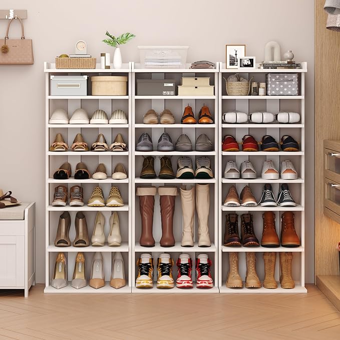 HOMEFORT 7-Tier Wood Shoe Rack, Double Rows 7-Tier Shoe Shelf, Shoe Storage Stand, Entryway Shoe Tower, Vertical Shoe Organizer Perfect for Narrow Closet, Entryway, Hallway, Bedroom in White