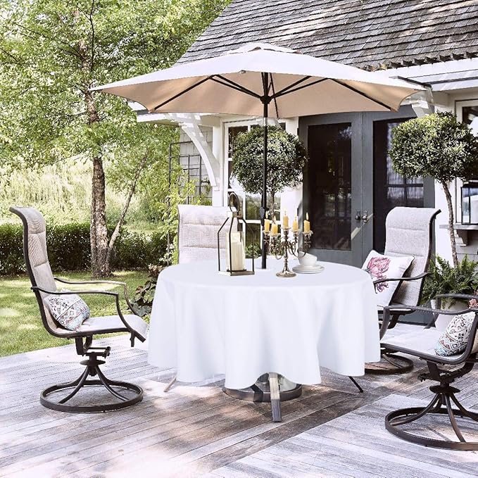 LUSHVIDA Round Outdoor Tablecloth with Umbrella Hole and Zipper, 60 Inch White for 20-48 Inch Tables, Washable Waterproof Table Cloth Spill Proof Wrinkle Free Table Cover for Patio Summer Picnic BBQS