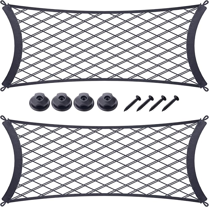 JINGKE 2 Pcs Small Cargo Net Pocket Elastic Mesh Netting Car Mesh Pouch with Screws and Hooks for Trunk RV Boats Home Cargo Storage (21.7'' x 9.8'')