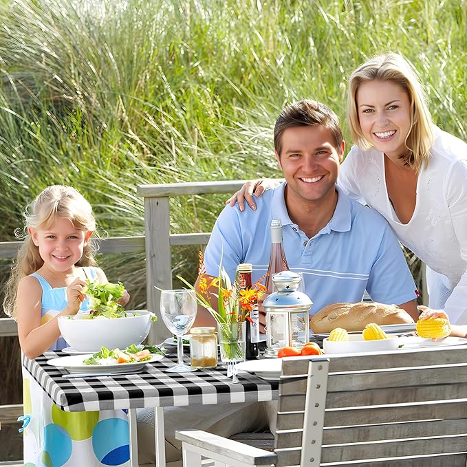 misaya Buffalo Rectangle Picnic Tablecloth, 8 Foot Elastic Fitted Vinyl Table Cloth with Flannel Backing, Waterproof Plaid Table Covers for Dining, Camping, Outdoor (Black and White, 30" x 96")