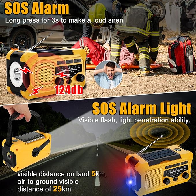 10000mAh Emergency Hand Crank Radio with LED Flashlight, AM/FM NOAA Portable Weather Alert Radio, Solar Powered with Phone Charger, USB Charged, Headphone Jack, SOS Alarm, Compass (Yellow)