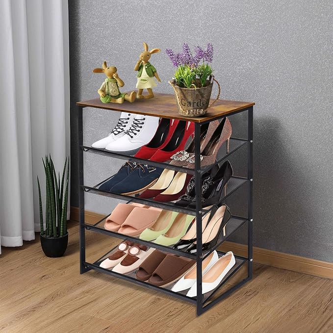 Garden 4 you 5-Tier Tilting Adjustable Freestanding Shoe Rack 12-Pairs for Durability and Stability for Entryways, Hallways, Closets, Dormitory Rooms, and Industries，Brown