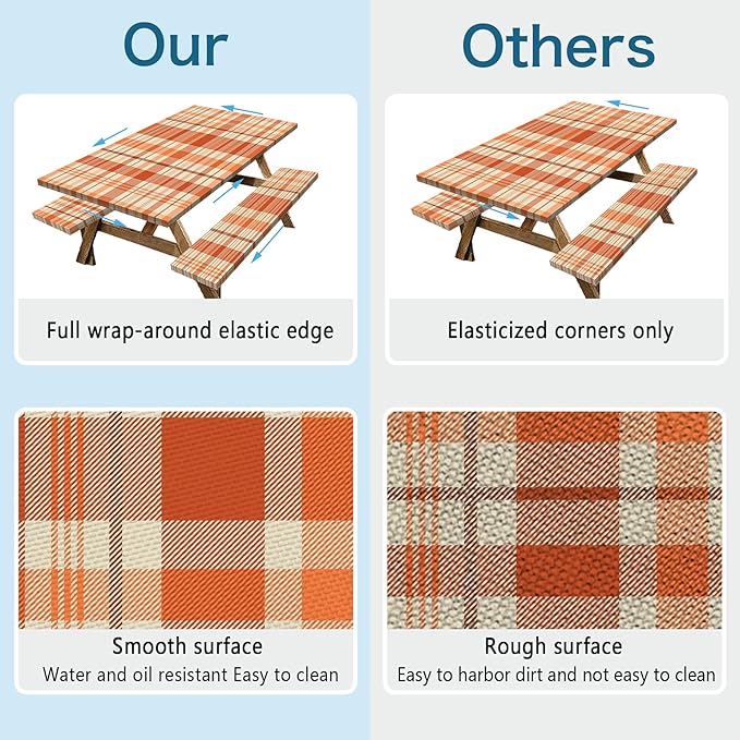 Orange Picnic Table Cover with Bench Covers, 3 Pcs Waterproof Elastic Picnic Table Cover Fall Outdoor Camping Essentials, Windproof Fitted Tablecloth for Indoor Outdoor (Plaid, 60X30 Inch)