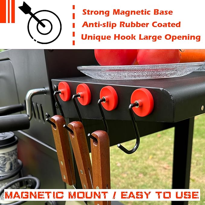 Smoker Grill Hooks, 4 Pack Heavy Duty Magnetic Mount Barbecue Hook for Hanging, Non-Slip Universal Magnetic Hooks for Grills,Accessories Storage with Spatula,Fork,Brush & BBQ Tongs(Red)
