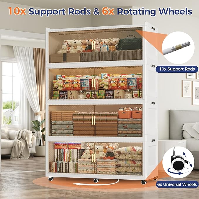 240GAL Extra Large Stackable Storage Bins with Lid, 960QT Plastic Closet Organizer and Storage Cabinet with Wheels and Doors, Folding Storage Box Container for Home Organization, 3Pack White