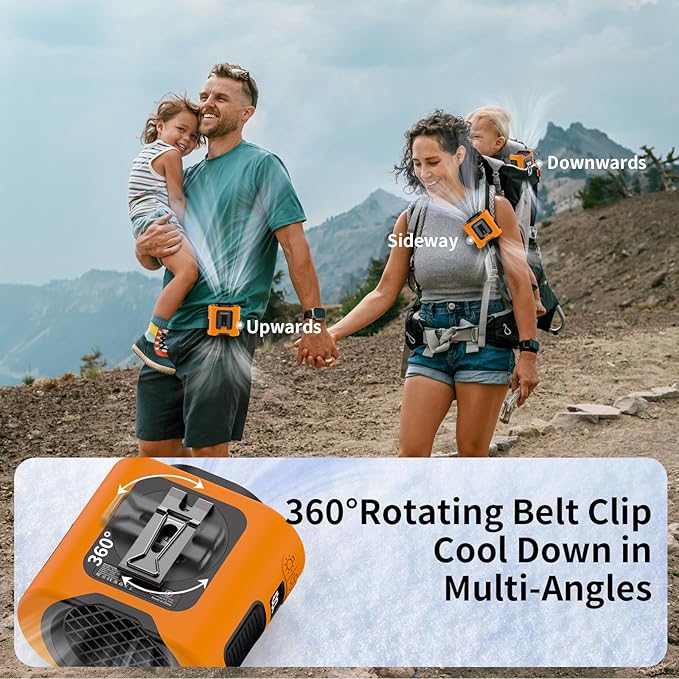 Socool 14500mAh Portable Waist Fan Clip on Belt 360 Rotation Wearable Rechargeable Personal Shirt Fan, 67H Cooling 5-Speed Battery Operated with Light, Neck Fan Hands-Free for Outdoor Jobsite Camping