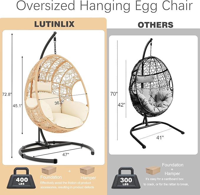 Oversized Hanging Egg Chair Set of 2 Outdoor Indoor, Wicker Swing Egg Chair with Stand 400lbs Capacity for Bedroom, Patio, Garden and Balcony