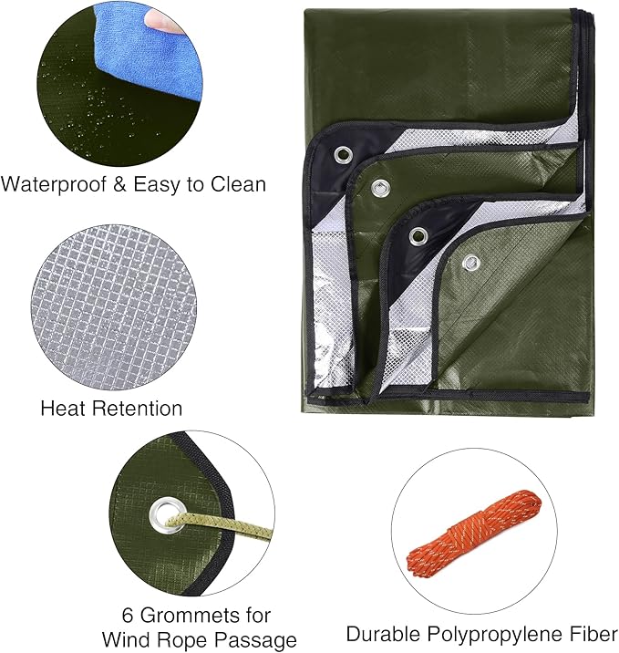 RedSwing 4 Pack Heavy Duty Waterproof Emergency Thermal Tarp, Insulated Survival Blanket for Outdoor Camping, Hiking, and Emergency Shelter, Green