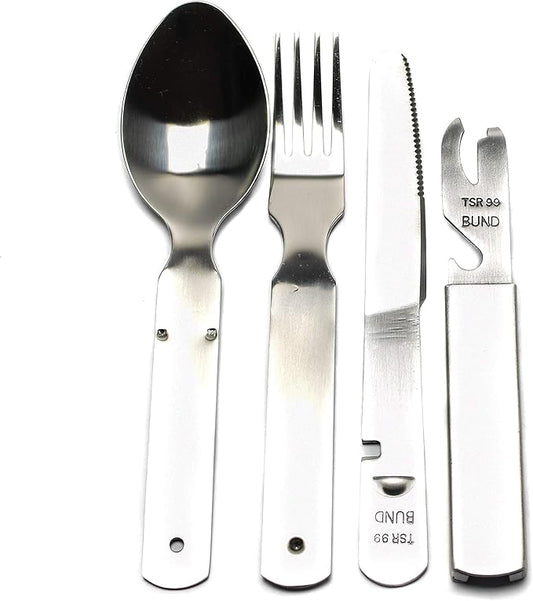 German cutlery set 4 pieces Eating utensils military style spoon fork knife kit flatware multi-tool Camping bottle can opener stainless steel NEW