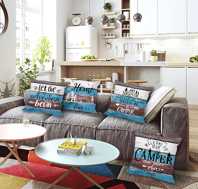 Rustic Welcome to Our Camper Let The Adventure Begin Throw Pillow Cover Pillowcase 18x18 Inch (Set of 4) Decor, Camper Rv Farmhouse Sofa Bed Bedroom Home Decoration