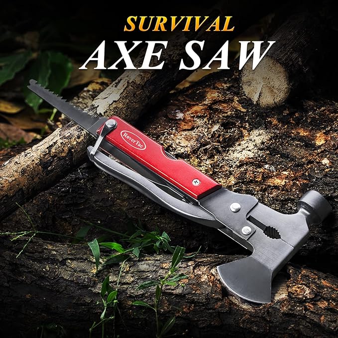 RoverTac 14-in-1 Multitool Camping Axe Hatchet – Essential Camping Gear with Knife, Hammer, Saw, Bottle Opener, Screwdriver – Multi Tool with Sheath – Gifts for Men, Dad, and Outdoor Adventures