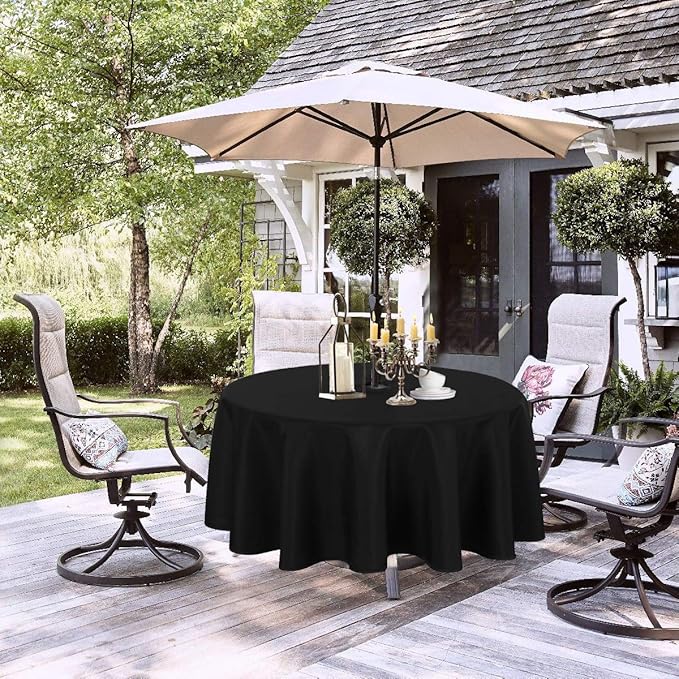 LUSHVIDA Round Outdoor Tablecloth with Umbrella Hole and Zipper, 60 Inch Black, Washable Waterproof Table Cloth Spill Proof Wrinkle Free Table Cover for Patio Spring Summer Picnic BBQS