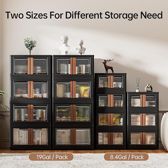 HAIXIN Storage Bins with 4 Lids - 8.4 Gal Closet Cabinet 4 Pack Plastic Stackable Organizers with Front Opening Door Black Foldable Storage Box for Home Garage Office Craft