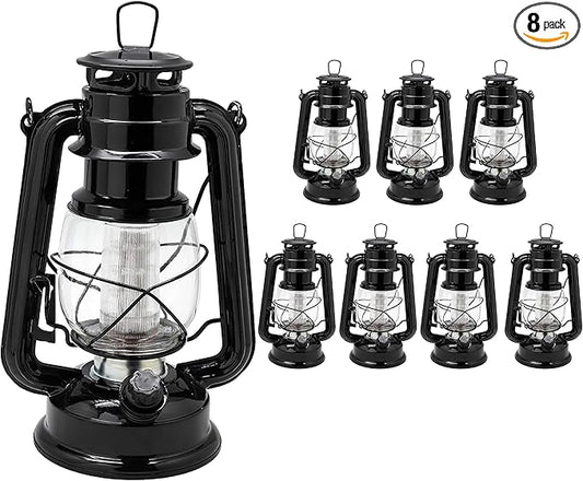 YAKii LED Vintage Lantern Metal Hanging Hurricane Lantern 12 LED Dimmer Switch Cold White Battery Operated Power Outage Indoor Camping Lighting Outdoor Brooklyn Decoration (Black Pack of 8)