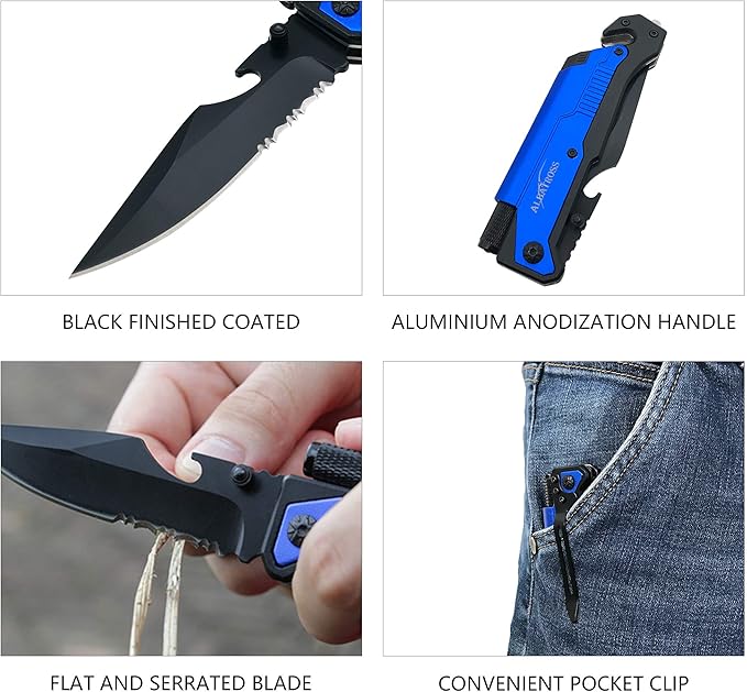 ALBATROSS 6-in-1 Survival Tactical Military Folding Pocket Knives with LED Light,Seatbelt Cutter,Glass Breaker,Magnesium Fire Starter,Bottle Opener;Multi-Function Emergency Tool(Blue)